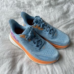 HOKA Clifton 9 - Size 8.5 - Light blue, orange, pink